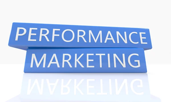 Performance Marketing - 3d render blue box with text on it on white background with reflection — ストック写真