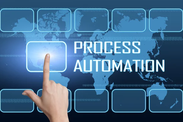 Process Automation concept with interface and world map on blue background — Stock Photo, Image