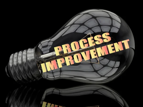 Process Improvement - lightbulb on black background with text in it. 3d render illustration. — Stockfoto