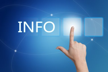 Info - hand pressing button on interface with blue background.