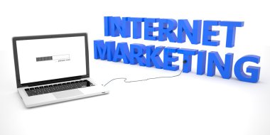 Internet Marketing - laptop notebook computer connected to a word on white background. 3d render illustration.