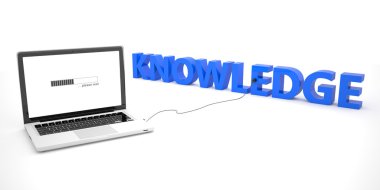 Knowledge - laptop notebook computer connected to a word on white background. 3d render illustration.