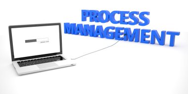 Process Management - laptop notebook computer connected to a word on white background. 3d render illustration.