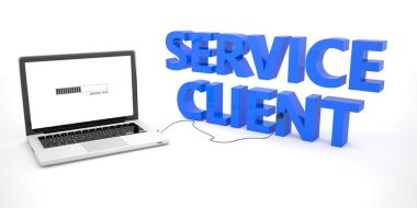 Service Client - laptop notebook computer connected to a word on white background. 3d render illustration.