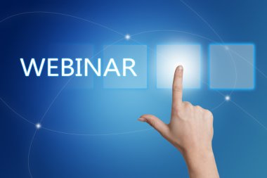 Webinar - hand pressing button on interface with blue background.