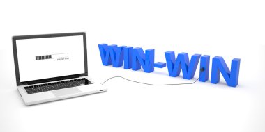 Win-win - laptop notebook computer connected to a word on white background. 3d render illustration.