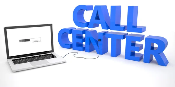 Call Center - Laptop-Notebook-Computer, der mit einem Wort auf weißem Hintergrund verbunden ist. 3D-Darstellung. — Stockfoto