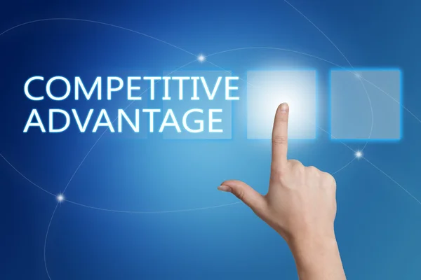Competitive Advantage - hand pressing button on interface with blue background. — Stock Photo, Image