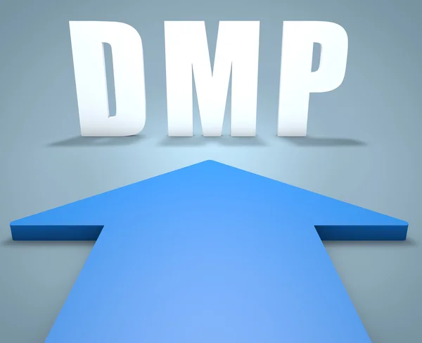 DMP - Datahåndteringsplattform eller gjeldshåndteringsplan - 3d - gjengi konseptet med blå pil som peker på tekst . – stockfoto