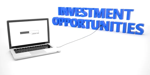 Investment Opportunities - laptop notebook computer connected to a word on white background. 3d render illustration. — Φωτογραφία Αρχείου