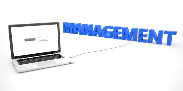 Management - Laptop-Notebook-Computer, der mit einem Wort auf weißem Hintergrund verbunden ist. 3D-Darstellung. — Stockfoto