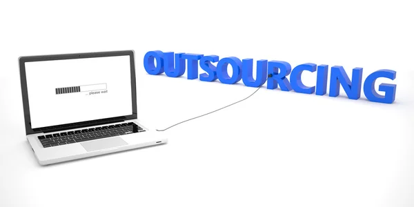 Outsourcing - laptop notebook computer connected to a word on white background. 3d render illustration. — Stock fotografie