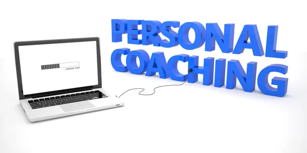 Personal Coaching - laptop notebook computer connected to a word on white background. 3d render illustration. — Stockfoto