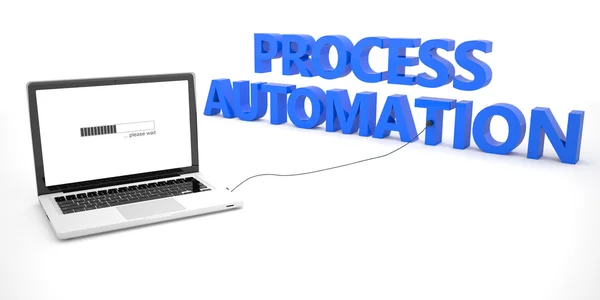 Process Automation - laptop notebook computer connected to a word on white background. 3d render illustration. — Stockfoto