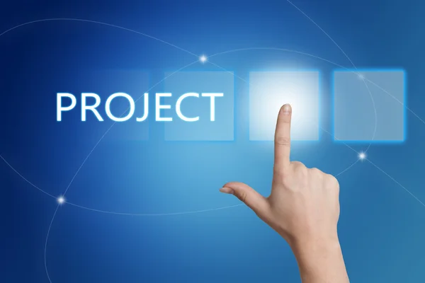 Projekt - Handdrücken auf Schnittstelle mit blauem Hintergrund. — Stockfoto