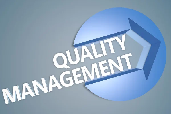 Quality Management - text 3d render illustration concept with a arrow in a circle on blue-grey background — ストック写真