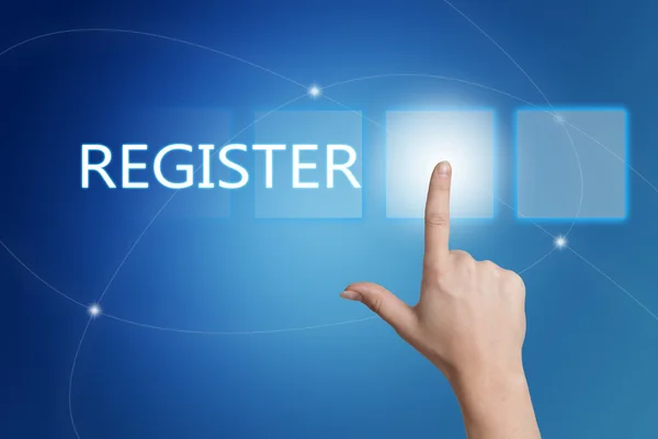 Register - hand pressing button on interface with blue background. — 图库照片