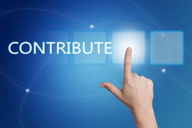 Contribute - hand pressing button on interface with blue background.
