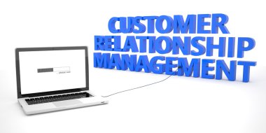 Customer Relationship Management - laptop notebook computer connected to a word on white background. 3d render illustration.