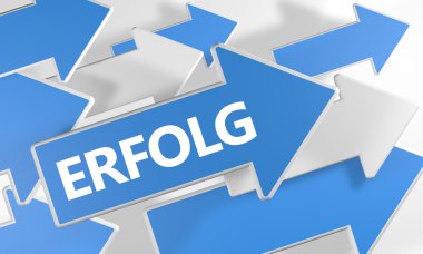 Erfolg - german word for success or achievement - 3d render concept with blue and white arrows flying over a white background.