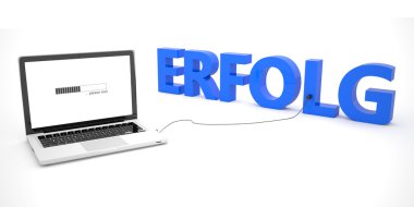 Erfolg - german word for successt - laptop notebook computer connected to a word on white background. 3d render illustration.
