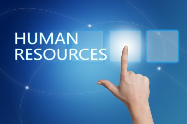 Human Resources - hand pressing button on interface with blue background.