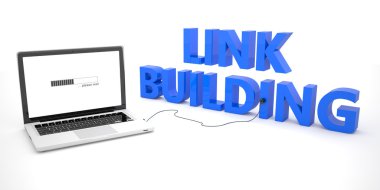 Link Building - laptop notebook computer connected to a word on white background. 3d render illustration.