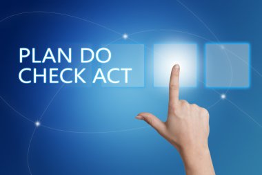 Plan Do Check Act - hand pressing button on interface with blue background.