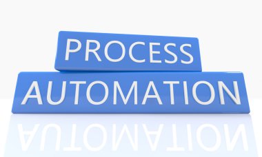 Process Automation - 3d render blue box with text on it on white background with reflection
