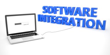 Software Integration - laptop notebook computer connected to a word on white background. 3d render illustration.