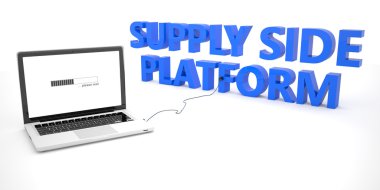 Supply Side Platform - laptop notebook computer connected to a word on white background. 3d render illustration.