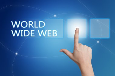 World Wide Web - hand pressing button on interface with blue background.