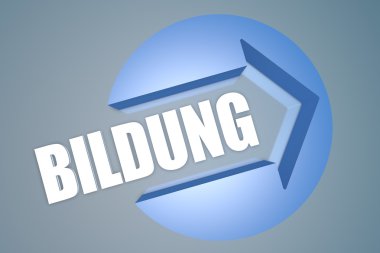 Bildung - text 3d render illustration concept with a arrow in a circle on blue-grey background