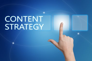 Content Strategy - hand pressing button on interface with blue background.