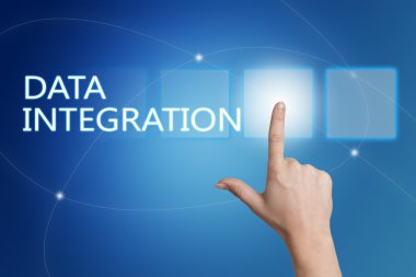 Data Integration - hand pressing button on interface with blue background.