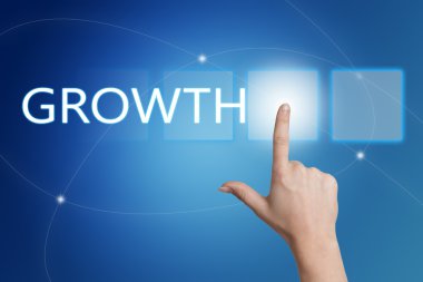 Growth - hand pressing button on interface with blue background.