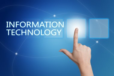 Information Technology - hand pressing button on interface with blue background.