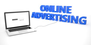 Online Advertising - laptop notebook computer connected to a word on white background. 3d render illustration.