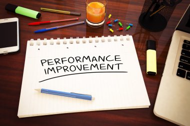 Performans geliştirme - bir defter bir Resepsiyon - 3d render örnek üzerinde el yazısı metin.