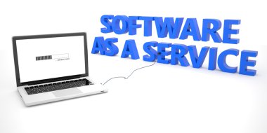 Software as a Service - laptop notebook computer connected to a word on white background. 3d render illustration.