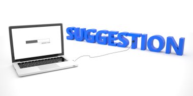 Suggestion - laptop notebook computer connected to a word on white background. 3d render illustration.