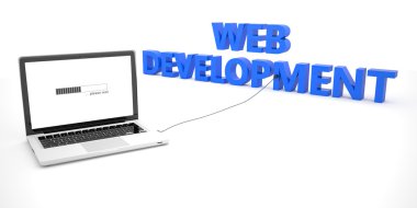 Web Development - laptop notebook computer connected to a word on white background. 3d render illustration.
