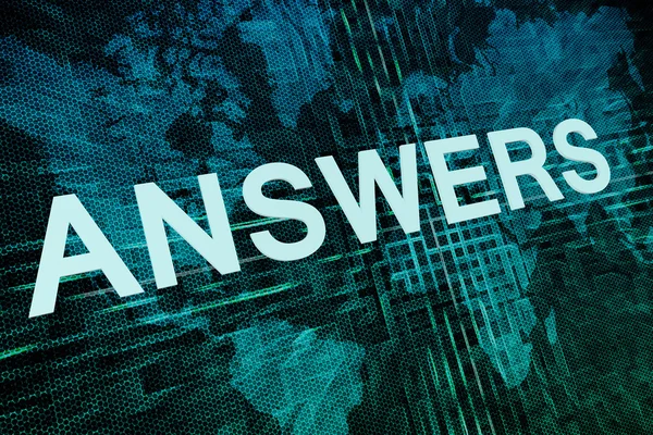 Answers text concept on green digital world map background — Stockfoto