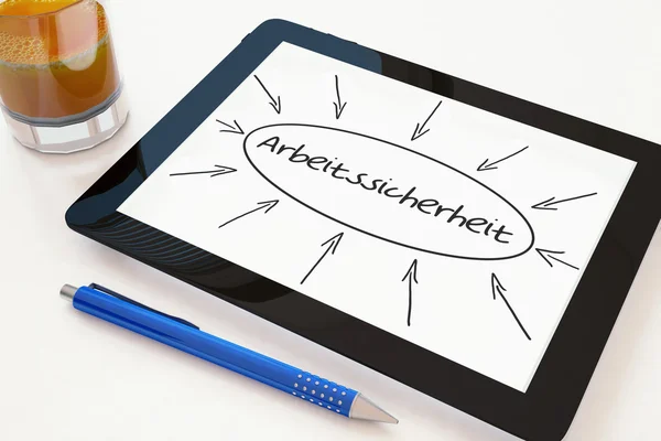 Arbeitssicherheit - german word for work safety - text concept on a mobile tablet computer on a desk - 3d render illustration. — 스톡 사진