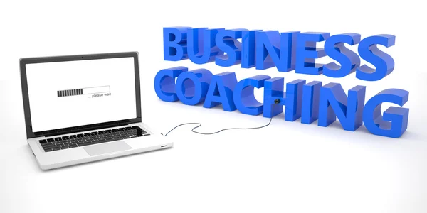 Business Coaching - laptop notebook computer connected to a word on white background. 3d render illustration. — Stock fotografie