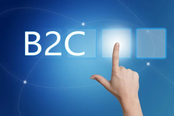 B2C - Business to Consumer - pulsación manual en la interfaz con fondo azul . —  Fotos de Stock
