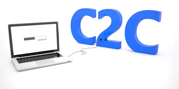C2C - Client à Client - Consommateur à Consommateur - ordinateur portable connecté à un mot sur fond blanc. Illustration de rendu 3D . — Photo