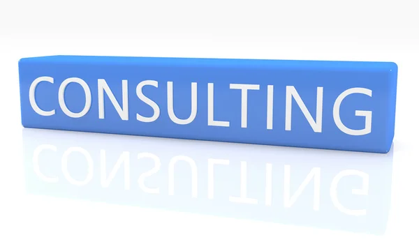 Consulting - 3d render blue box with text on it on white background with reflection — Stok fotoğraf