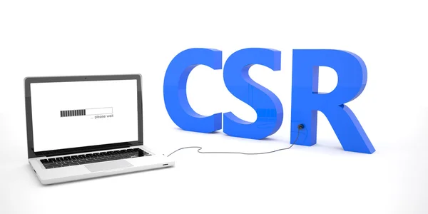 CSR - Corporate Social Responsibility - laptop notebook computer conectat la un cuvânt pe fundal alb. 3d ilustrare redare . — Fotografie, imagine de stoc