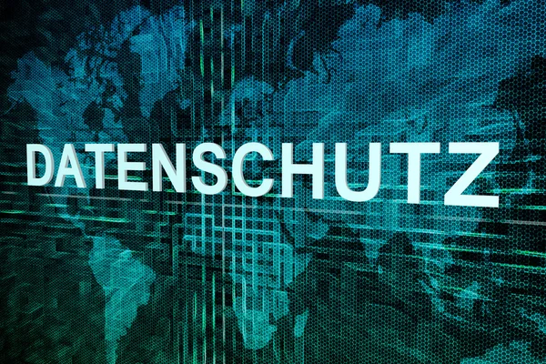 Datenschutz - german word for protection of data privancy text concept on green digital world map background — Stok fotoğraf